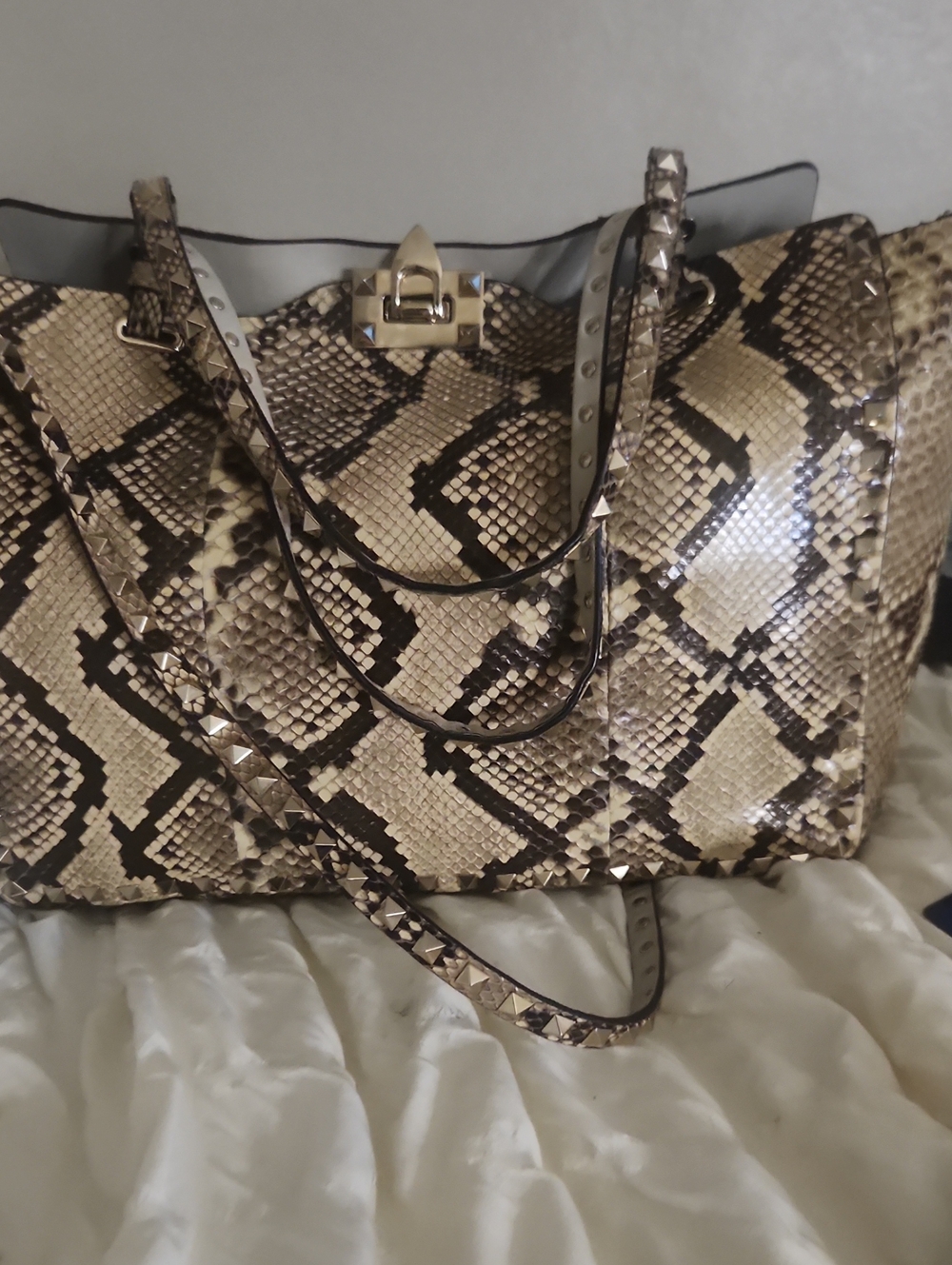 Valentino Beige and Brown Snakeskin Tote with Studded Straps